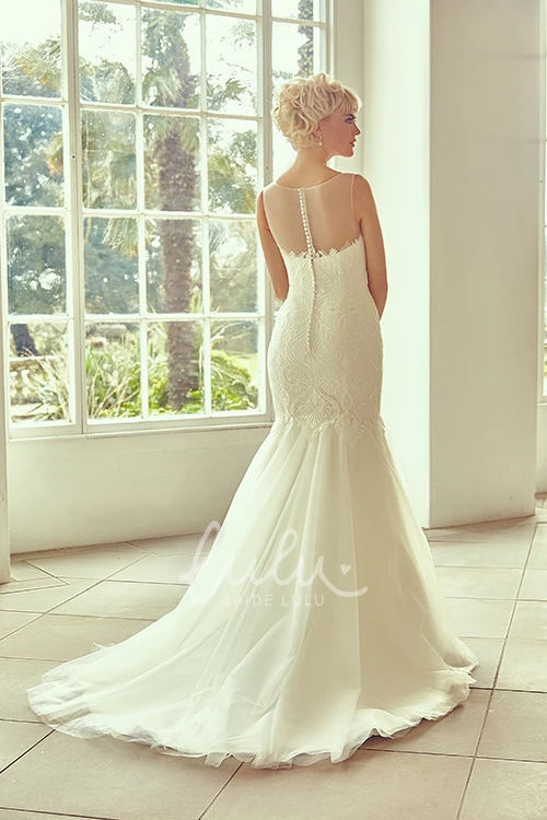 Illusion Bateau Tulle Wedding Dress with Appliques and Court Train Stunning Bridal Gown