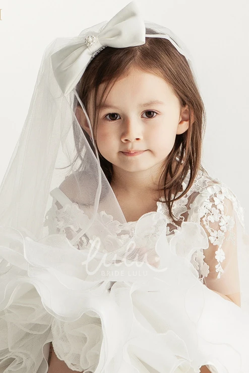 Beaded Bow Tulle Flower Girl Veil Wedding Accessory for Girls
