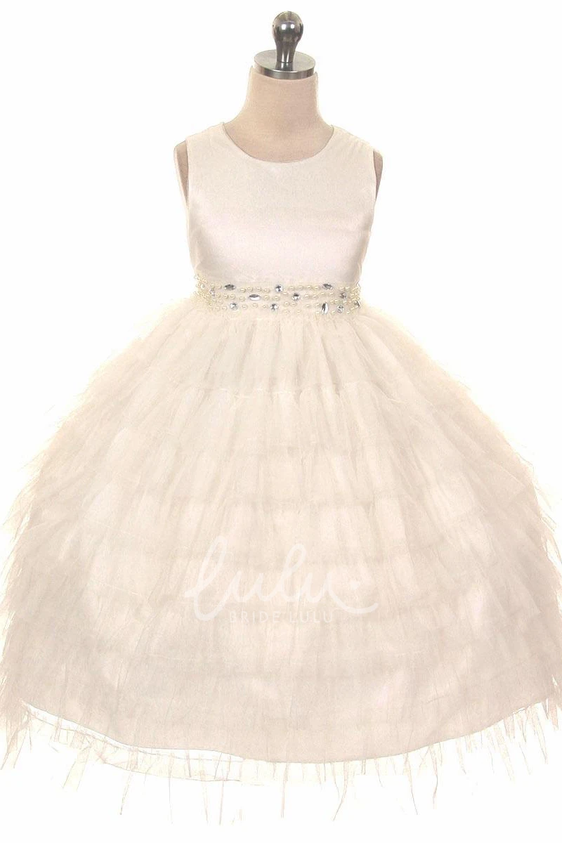 Tulle&Organza Beaded Flower Girl Dress Tea-Length Ruffled