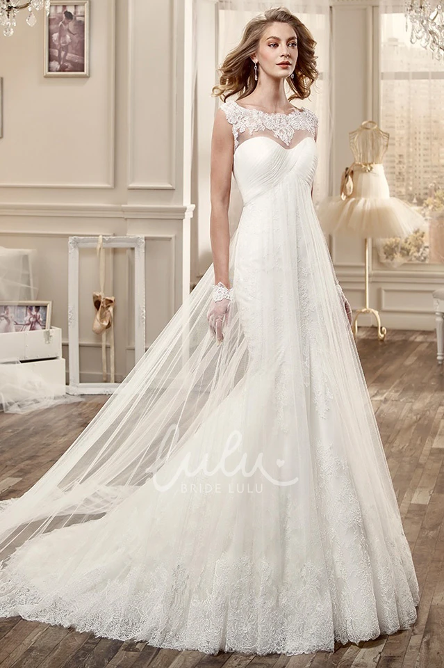 Pleated Bodice Long Wedding Dress with Invert-V Waist and Cap Sleeves Modern Bridal Gown