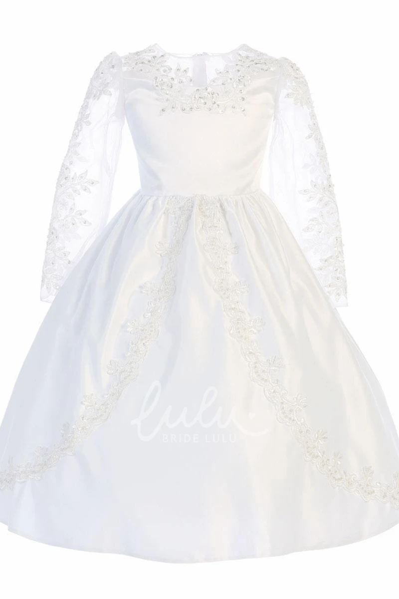 Organza Satin Beaded Tea-Length Flower Girl Dress with Tiers