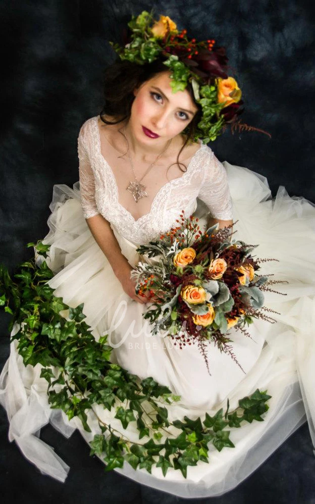 Bow Draping Vintage Half Sleeve Tulle Lace Wedding Dress