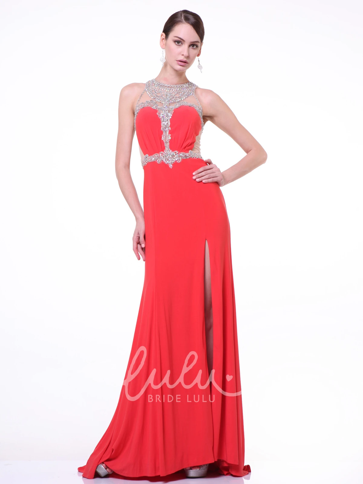 Jewel-Neck Sleeveless Jersey Formal Dress with Beading and Illusion
