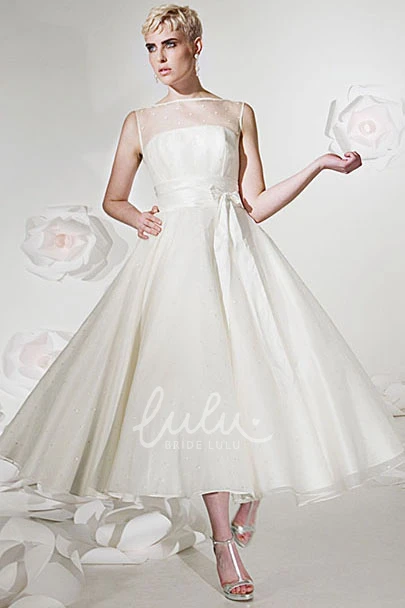 Jewel-Neck Tulle&Satin Wedding Dress A-Line Tea-Length Bridal Gown with Ribbon