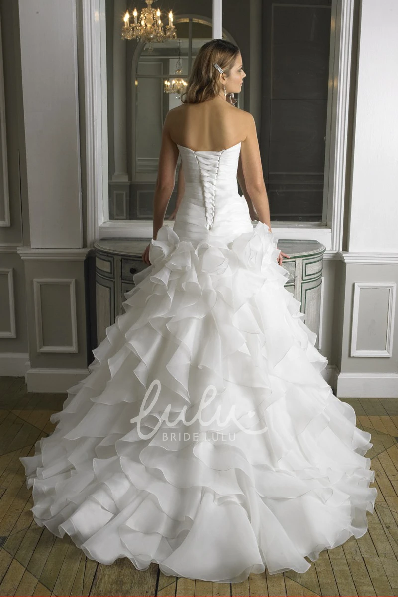 Organza Beaded Wedding Dress with Cascading Ruffles and Ruching A-Line Bridal Gown