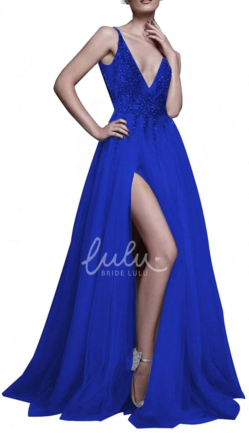Sleeveless V-neck Tulle A-line Prom Dress with Beading Glamorous