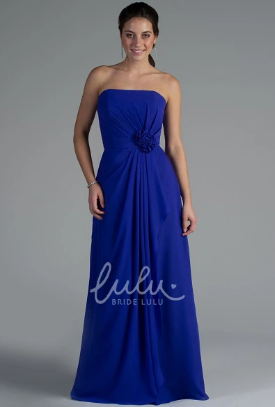 Strapless Chiffon Dress with Pleats and Waist Flower for Bridesmaids