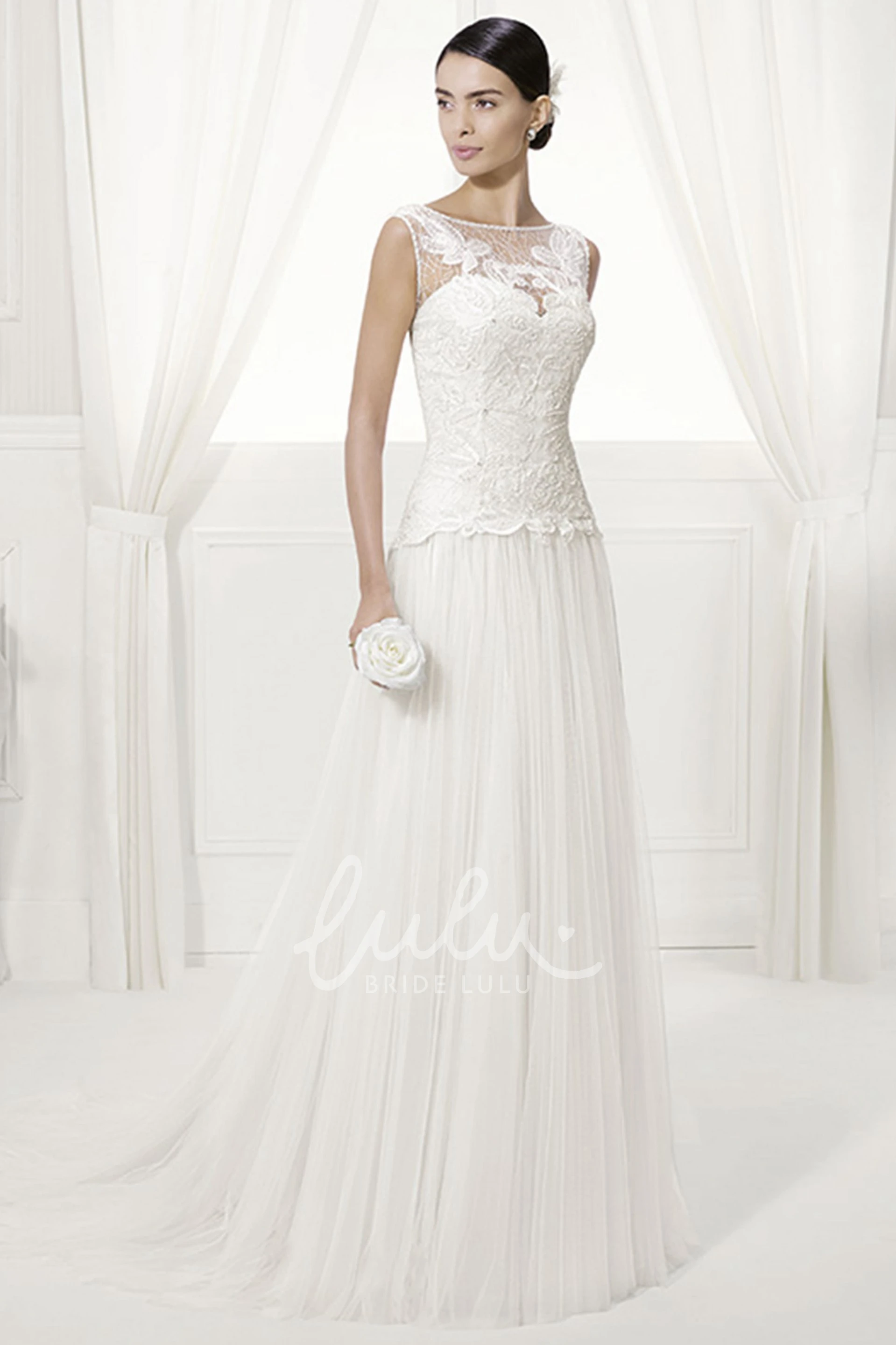 Appliqued Bodice Bridal Gown with Pleated Tulle Skirt Jewel Neckline