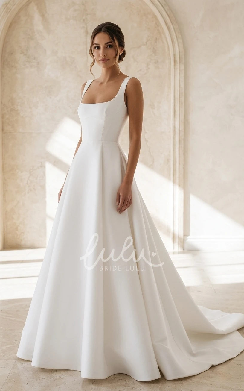 Modern Simple Square Neck Wedding Dress A-Line Sleeveless Satin Bridal Gown