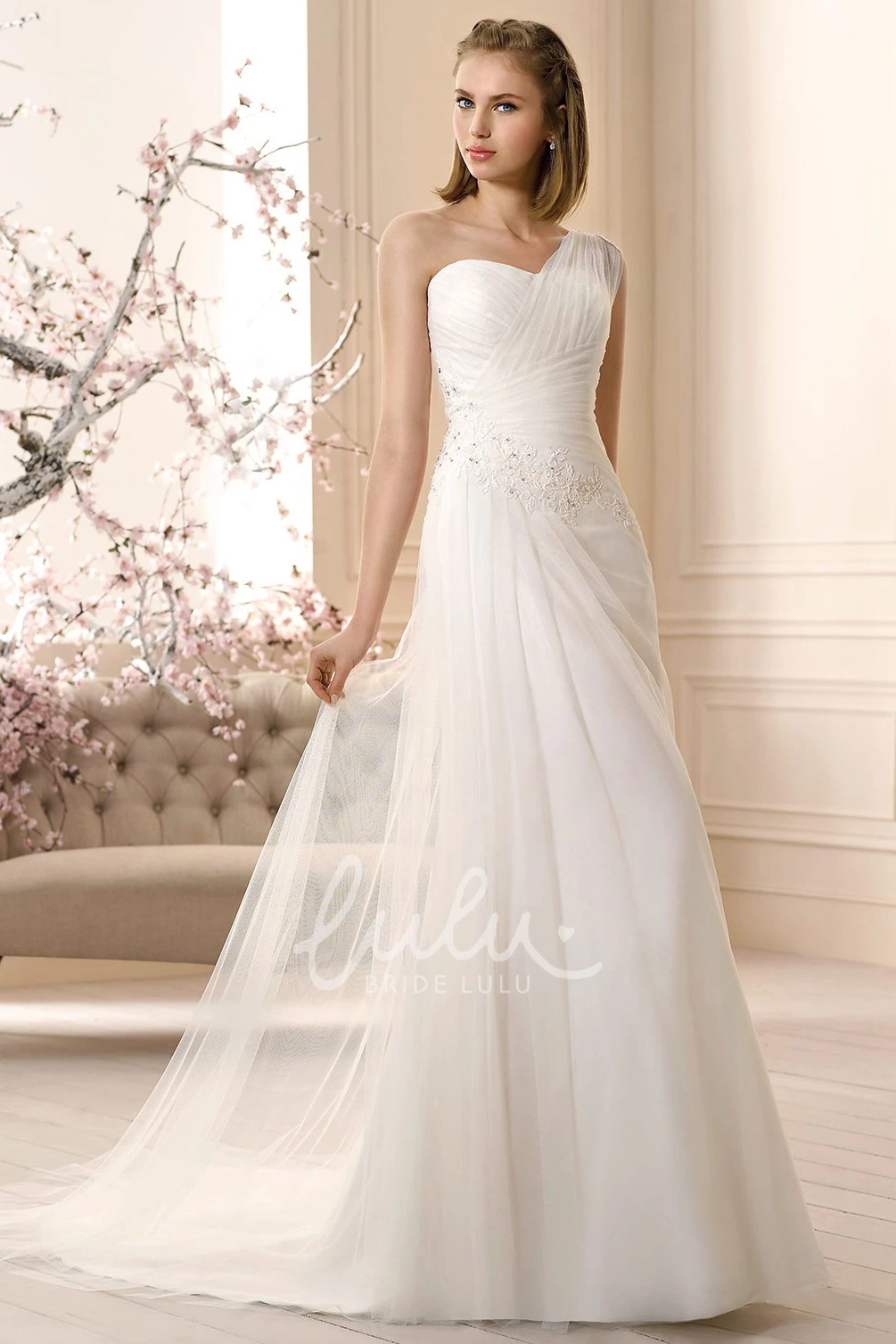 Ruched Tulle One-Shoulder Wedding Dress with Appliques Sleeveless