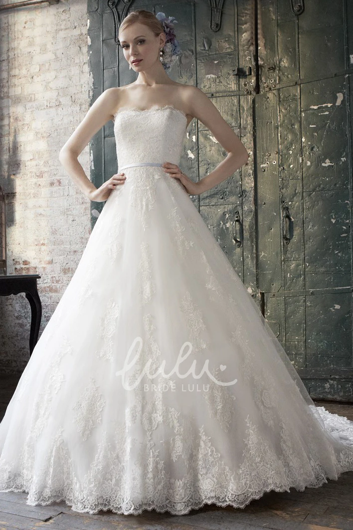 Strapless Lace Wedding Dress with Appliques Chapel Train and Backless Style