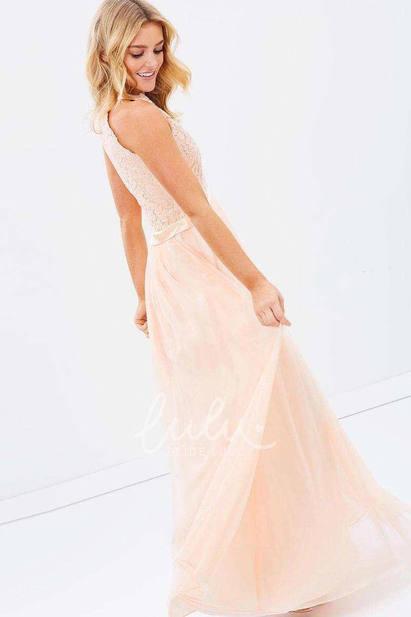 Chiffon Appliqued Bridesmaid Dress with Scoop Neck and Ribbon Sleeveless