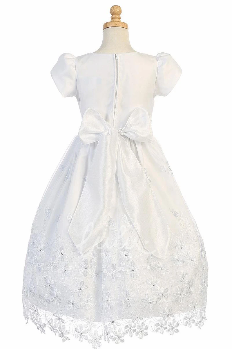 Sequin Bow Tiered Organza Flower Girl Dress in Tea-Length