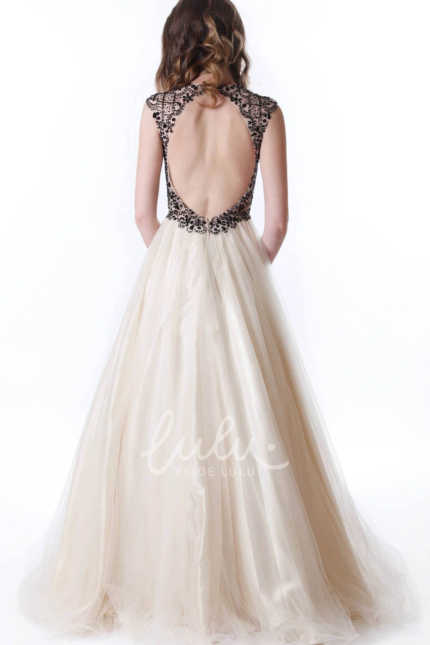 A-Line Maxi Beaded Cap-Sleeve Tulle Prom Dress With Pleats Beaded Maxi Tulle Prom Dress