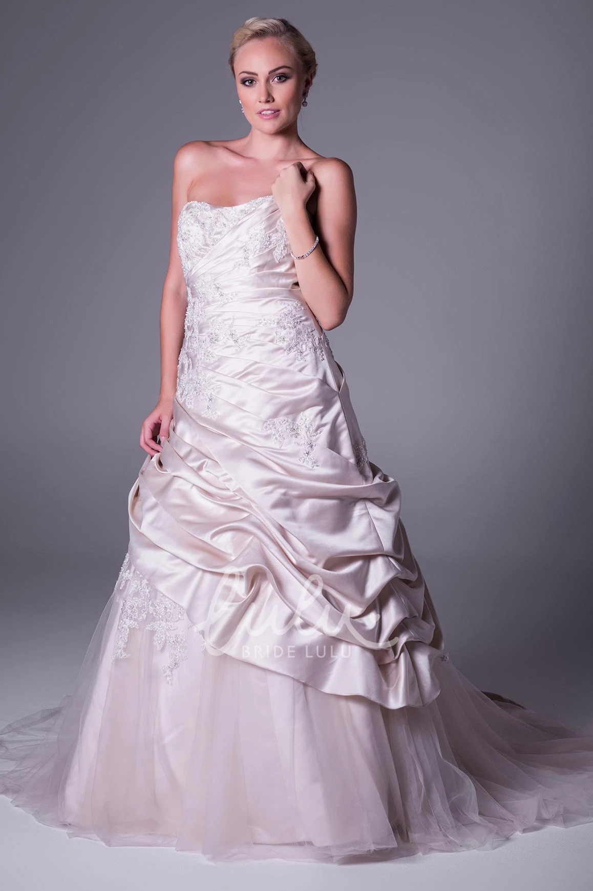 Strapless Satin&Tulle A-Line Wedding Dress with Appliques and Pick-Up Skirt