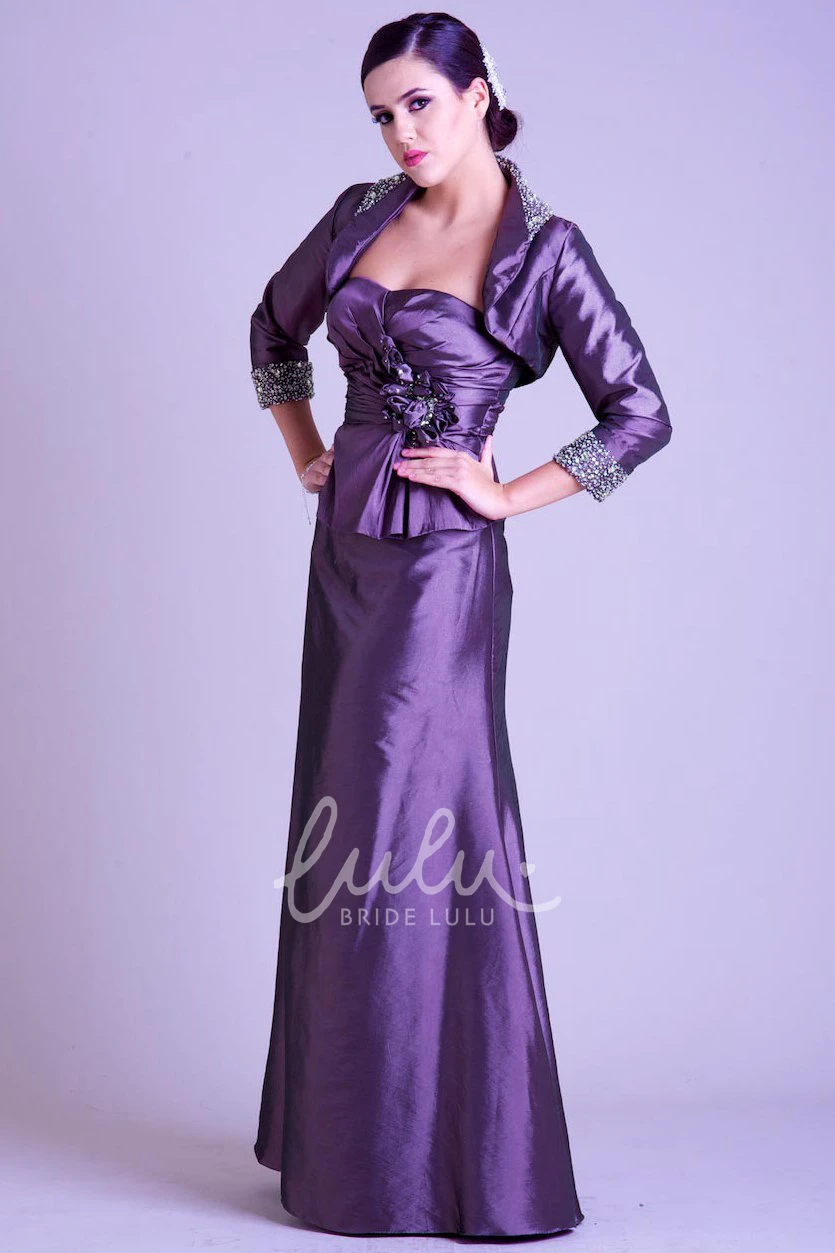 Strapless Satin Prom Dress with Cape and Flower Beaded Sheath Gown with 3-4 Sleeves