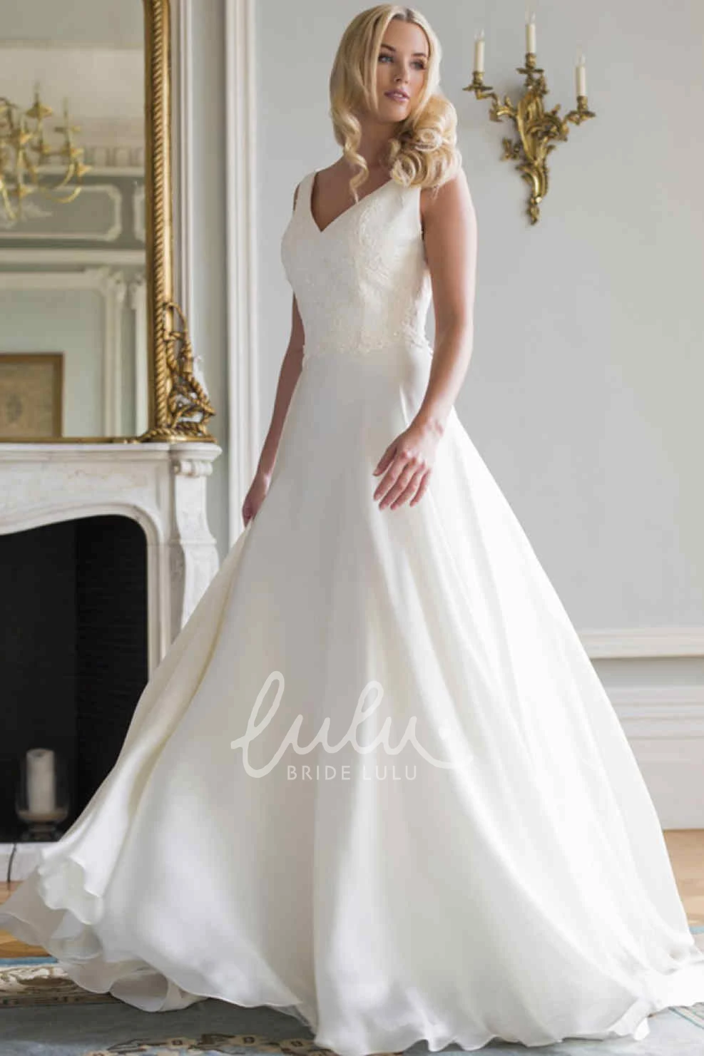V-Neck A-Line Lace Wedding Dress with Floor-Length
