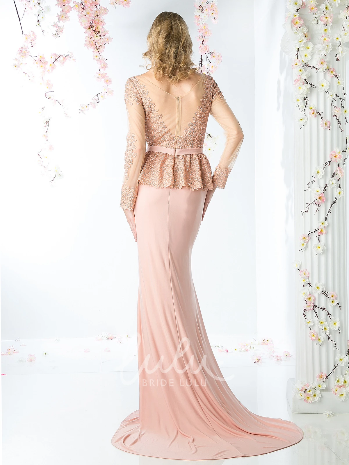 Jersey Sheath Long Sleeve Dress with Peplum and Beading for Formal Event