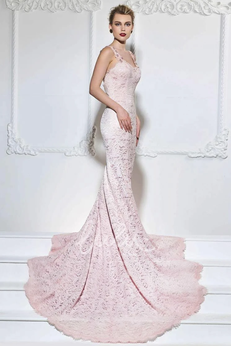 Lace Mermaid Open Back Formal Dress with Floral Appliques