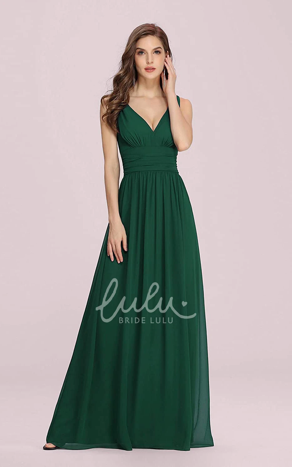 Romantic Chiffon V-neck A-line Prom Dress with Ruffles and Sleeveless Bridesmaid Dress