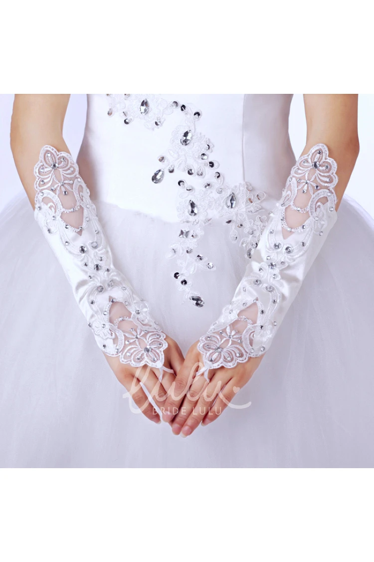 Elegant Satin Mesh Embroidered Wedding Dress Gloves Diamond Hollow