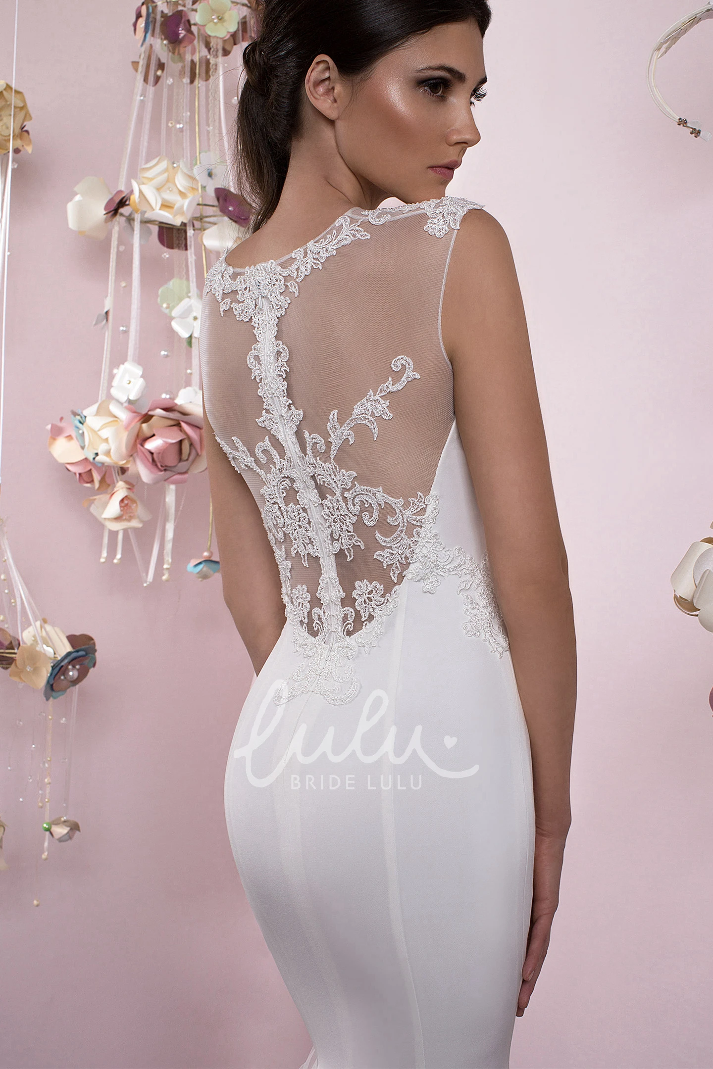 Jewel Trumpet Tulle Wedding Dress Sleeveless Appliqued Illusion Back Ruffles