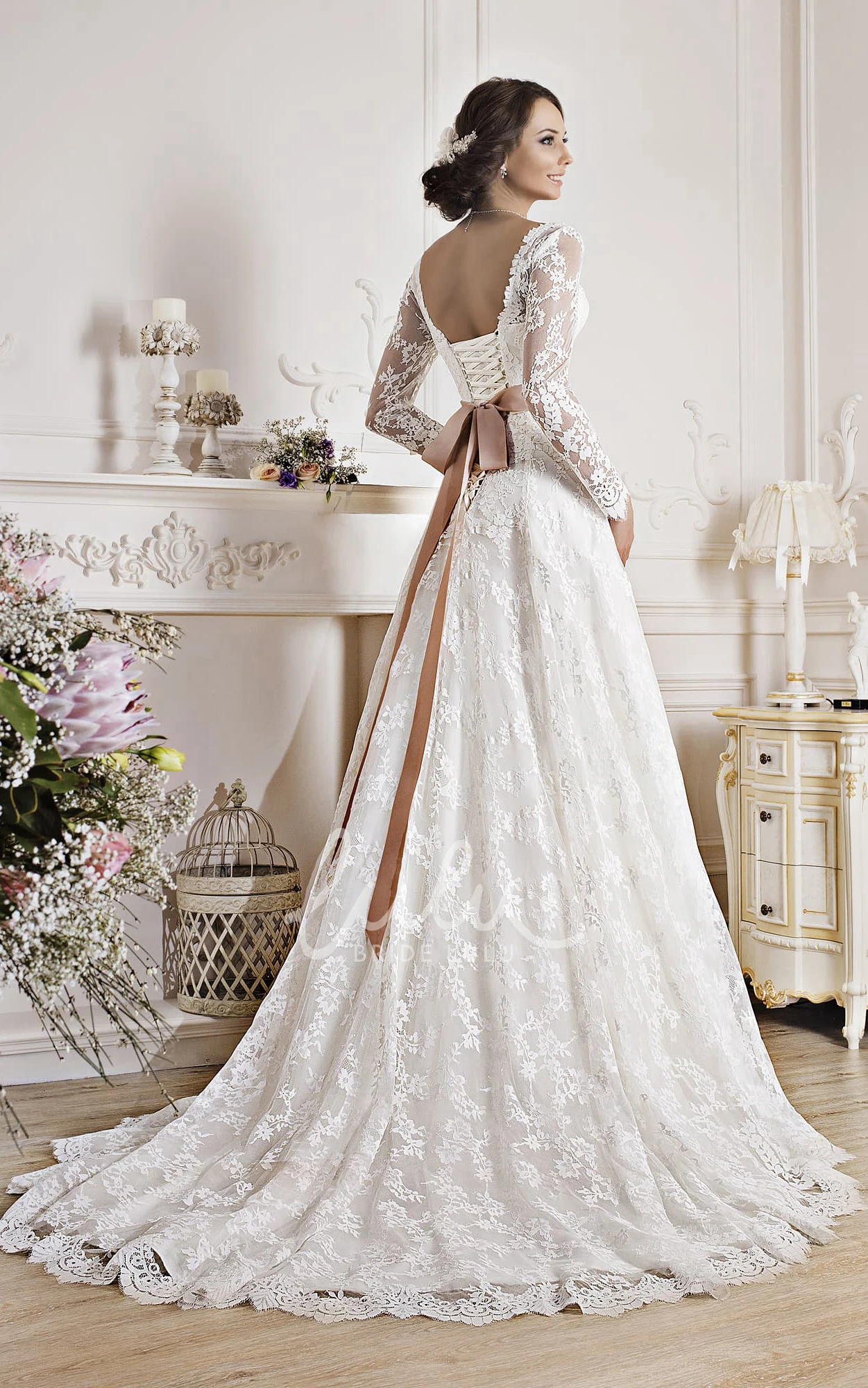 V-Neck Lace Applique Corset-Back A-Line Dress with Bow