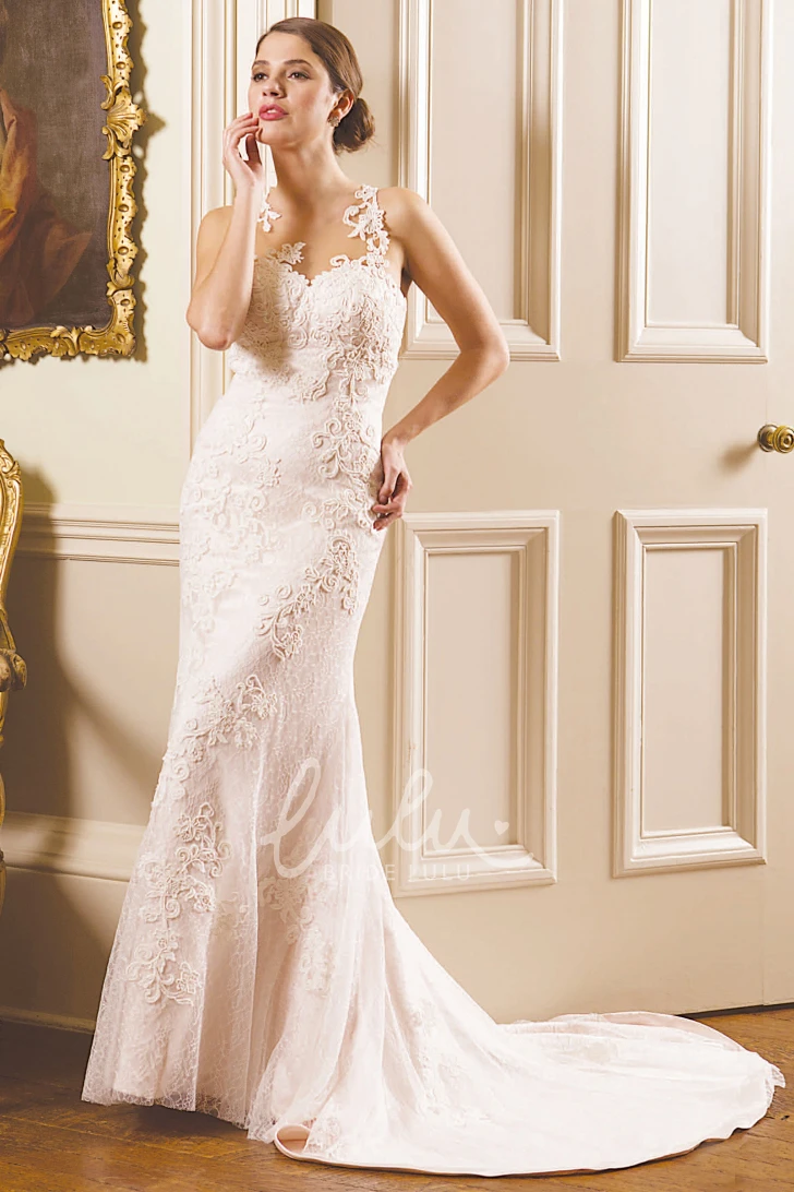 Lace Appliqued Sleeveless Sheath Wedding Dress with Illusion Back Elegant Bridal Gown