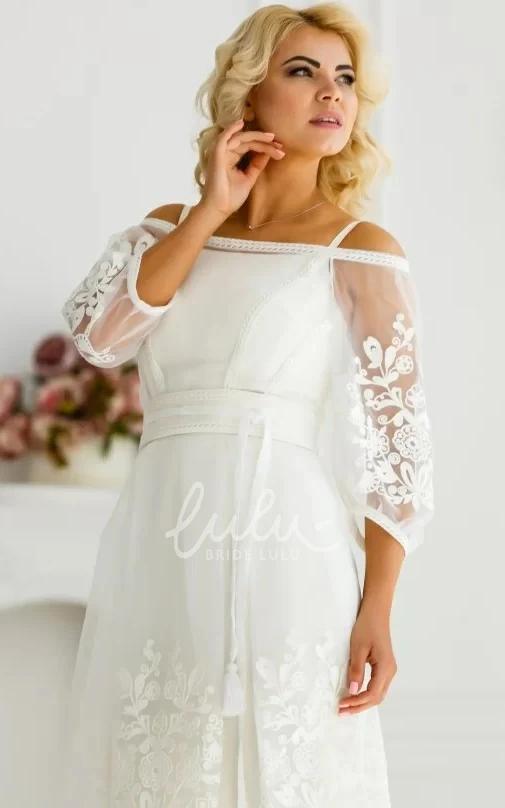 Ethereal A Line Tulle Tea-length Wedding Dress with Off-the-shoulder Sleeves & Appliques