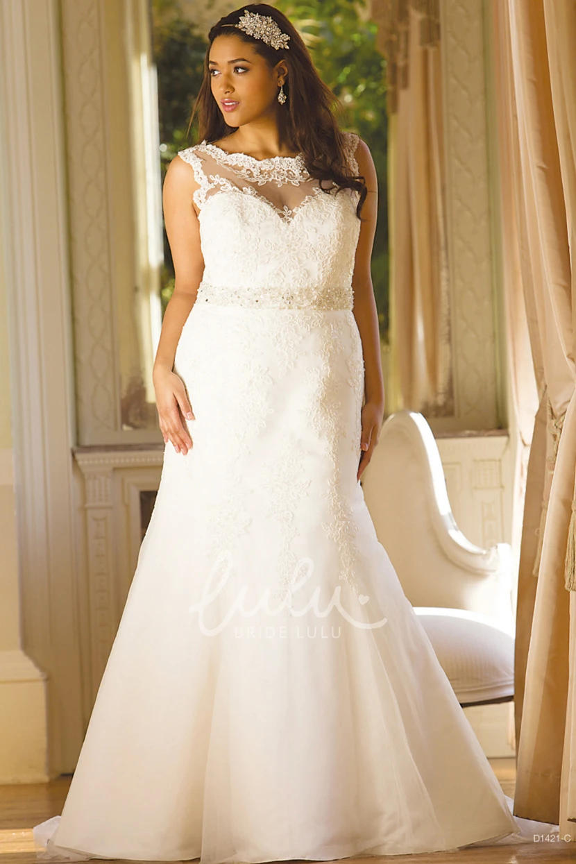 Jeweled Sleeveless Lace Scoop-Neck Plus Size Wedding Dress