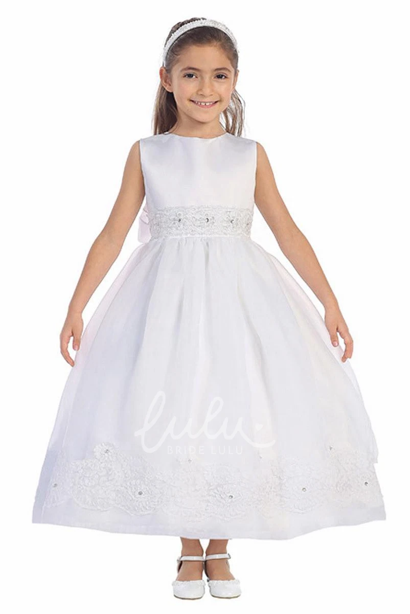 Beaded Lace&Organza Floral Girl Dress Ankle-Length Wedding Dress with Sash