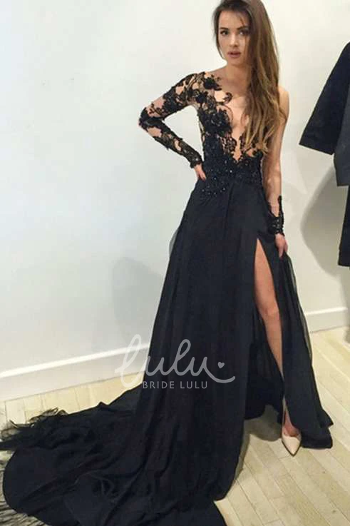 Long Sleeve Illusion Lace A-line Formal Dress with Chiffon Skirt