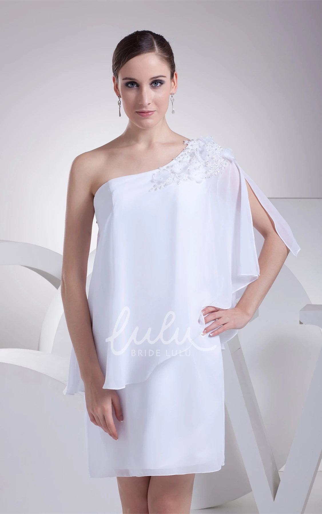 One-Shoulder Chiffon Knee Length Wedding Dress with Beading Simple Beach Bridal Gown