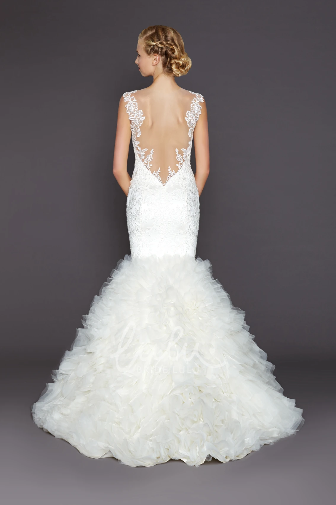 Mermaid Lace Wedding Dress with Deep-V Back and Ruffles Sleeveless Appliqued Floor-Length