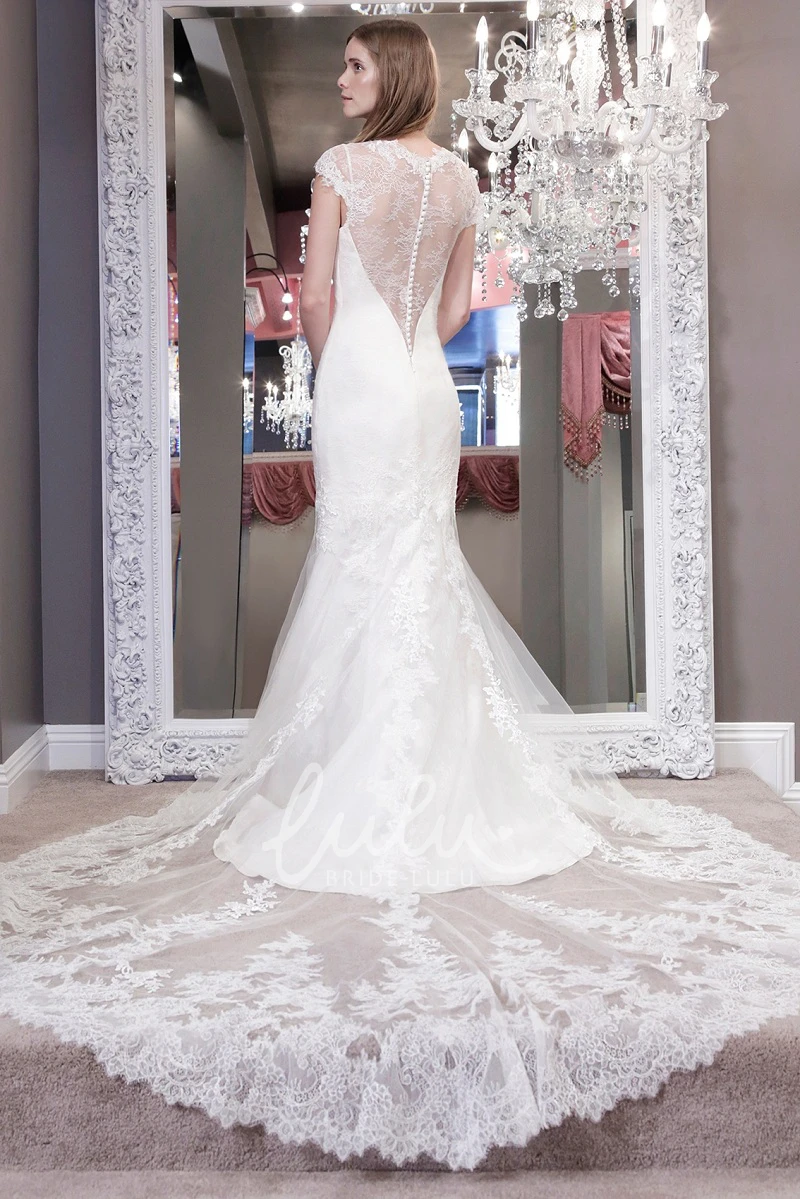 V-Neck Cap-Sleeve Lace Trumpet Wedding Dress with Illusion Unique Bridal Gown for Women