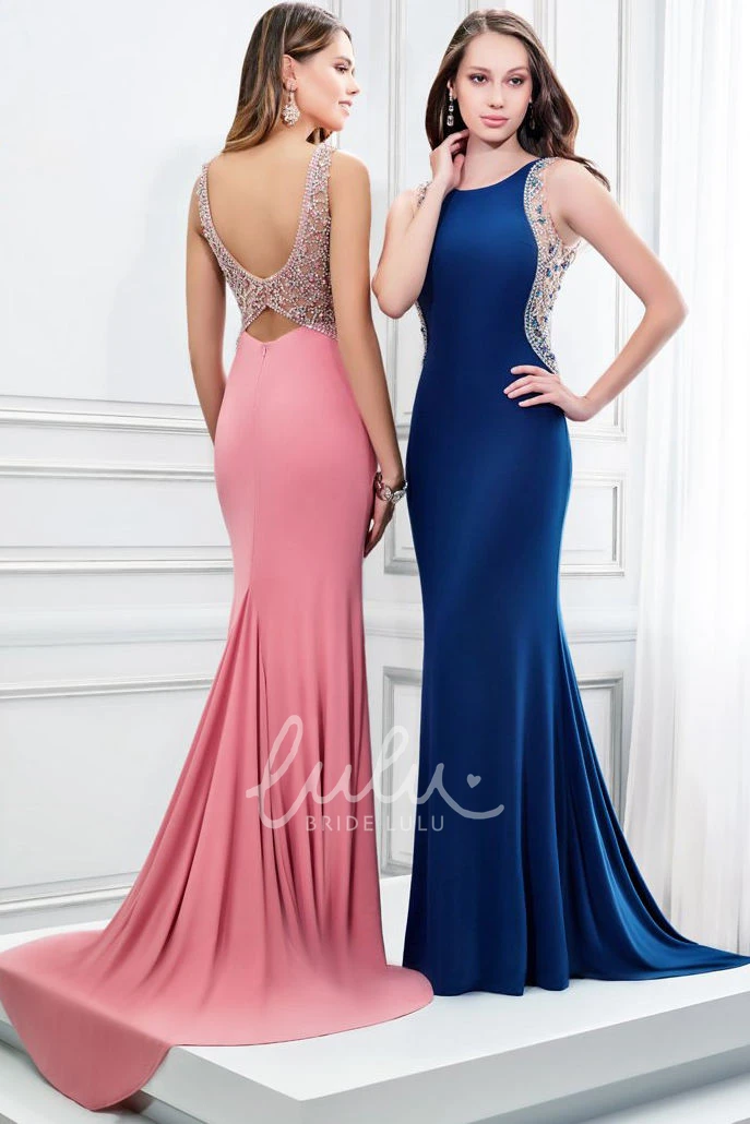 Floor-Length Sheath Beaded Jersey Prom Dress Sleeveless Elegant Unique