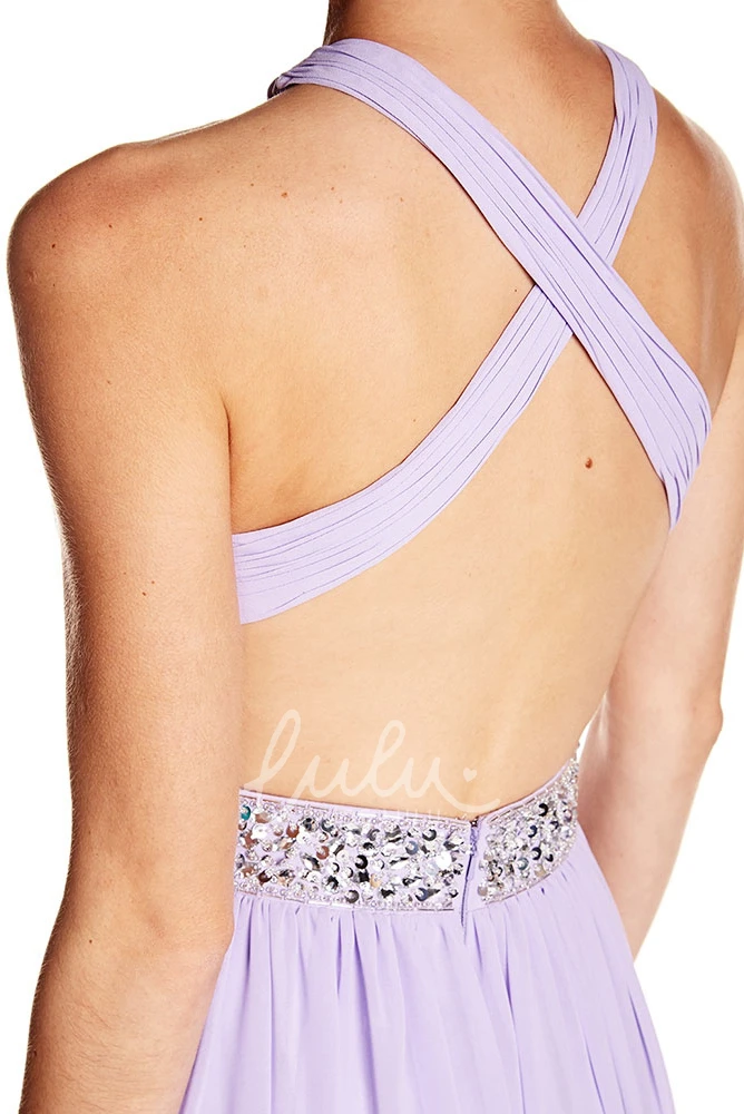 Ruched Halter Chiffon Prom Dress with Beading Straps and Sleeveless Design