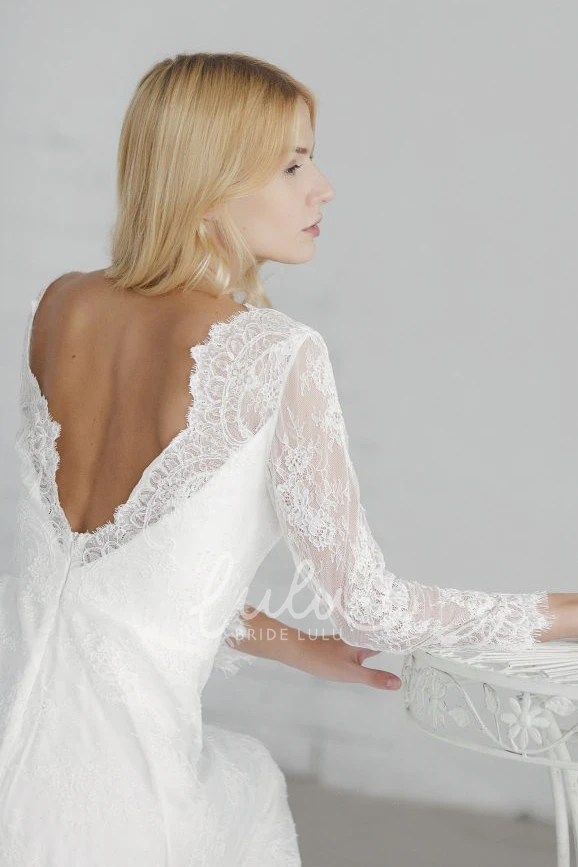 Long Sleeve Lace Wedding Dress with V-neck and Deep V-back Elegant A-line Long Sleeve Wedding Dress