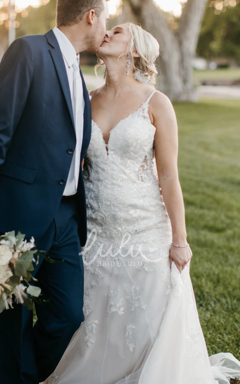 Bohemian Spaghetti Plus Size Applique Tulle A-Line Sequins Wedding Dress