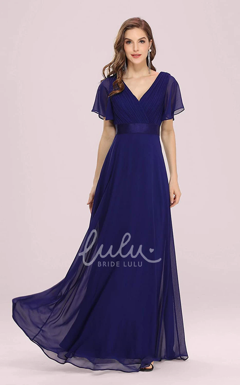 Romantic Chiffon V-neck A-line Prom Evening Dress with Ruffles and Short Sleeves Bridesmaid Dress
