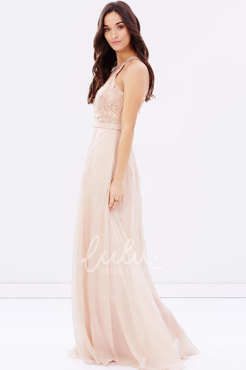 Sequined Sheath Scoop Neck Appliqued Chiffon Bridesmaid Dress