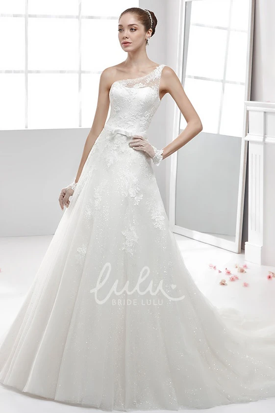 Illusive Strap One-Strap Lace Wedding Dress with Appliques and Flowy Skirt