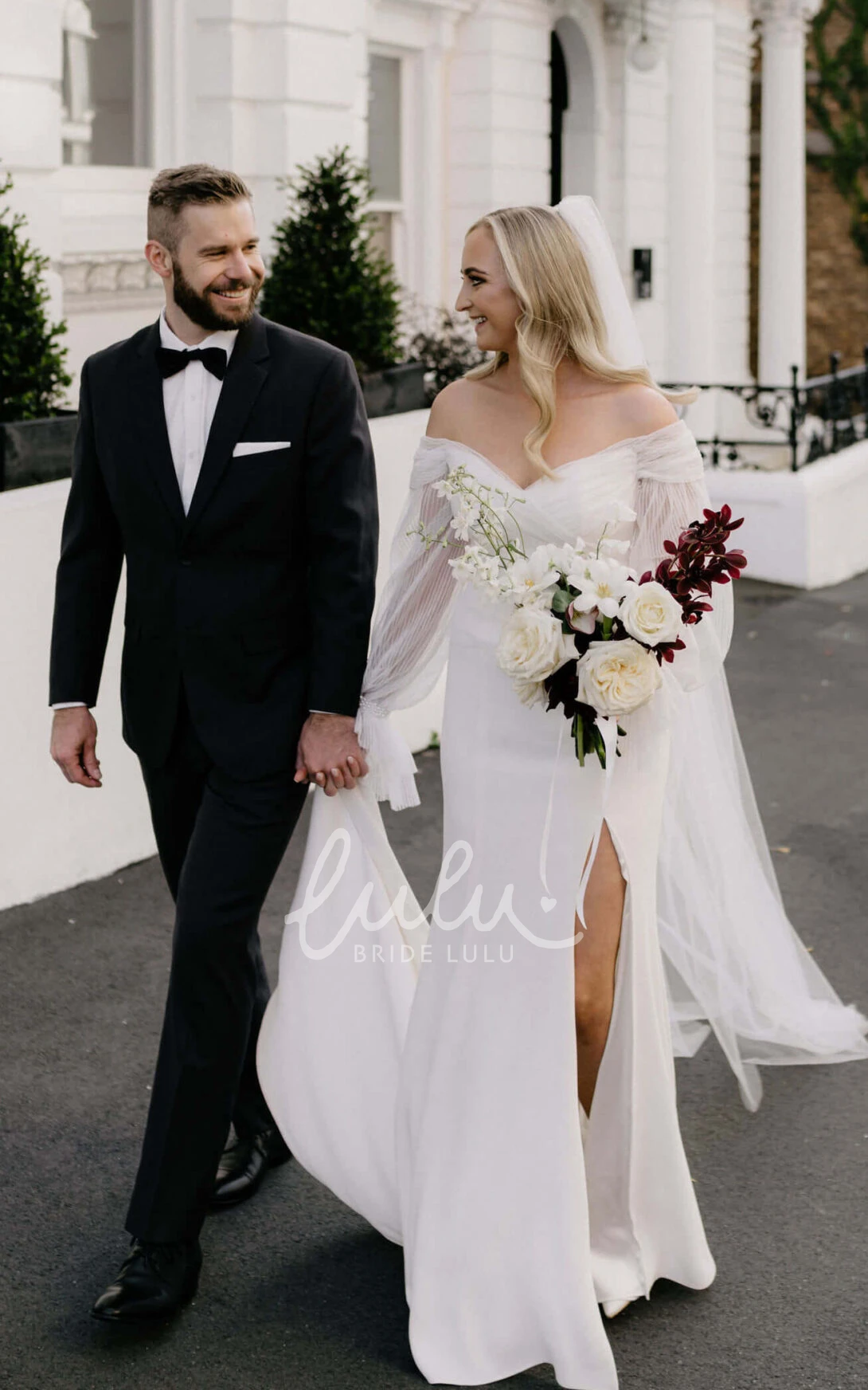 Off-the-shoulder Sheath Chiffon Wedding Dress with Ruching Modern and Stylish