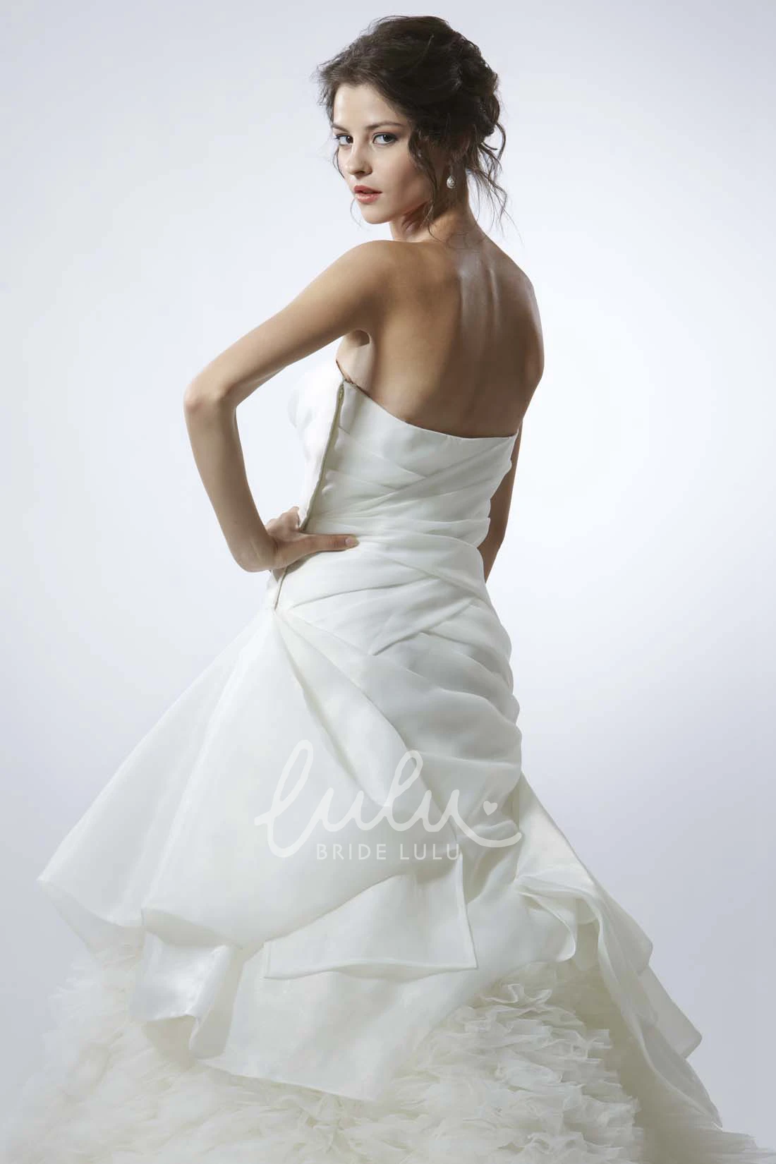 Ruffled Satin Backless Wedding Dress with Beading Unique Bridal Gown