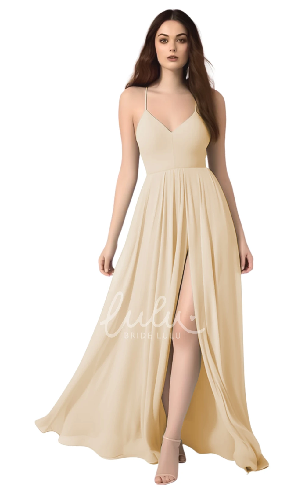 Sexy A-Line Chiffon Spaghetti Bridesmaid Dress with Front Split Modern Wedding Dress