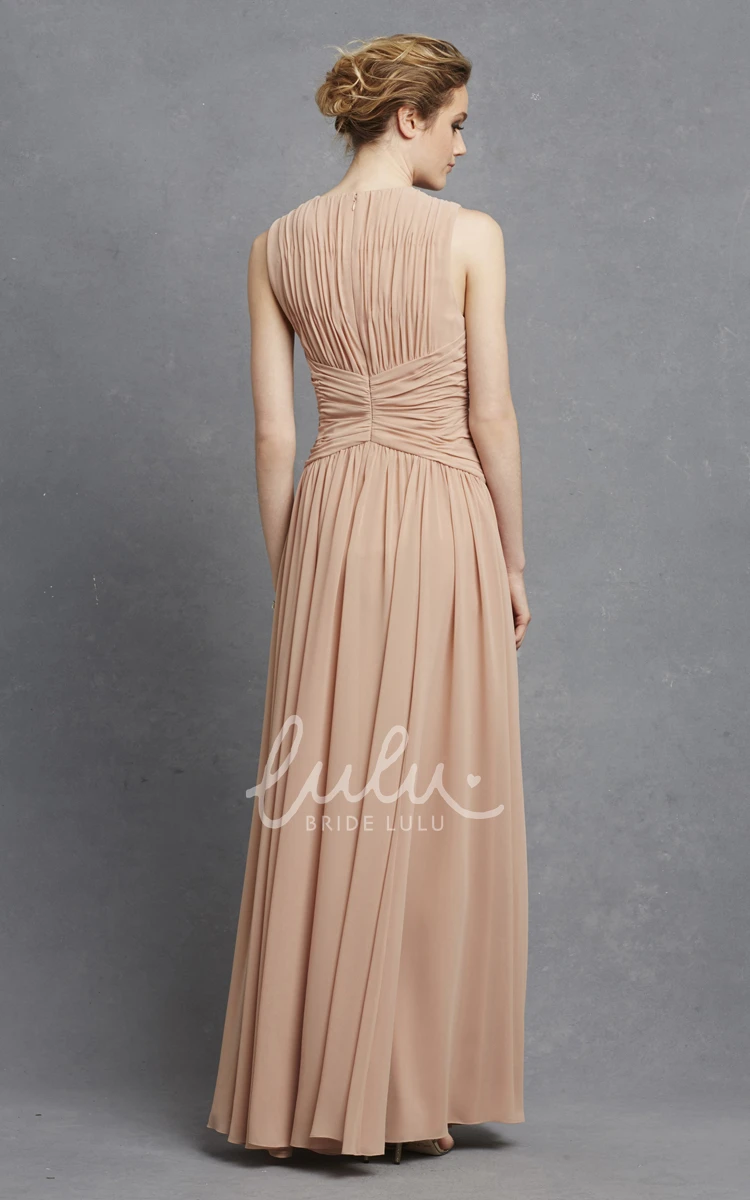 V-Neck Sleeveless Chiffon Dress with Ruching and Crisscross Detail