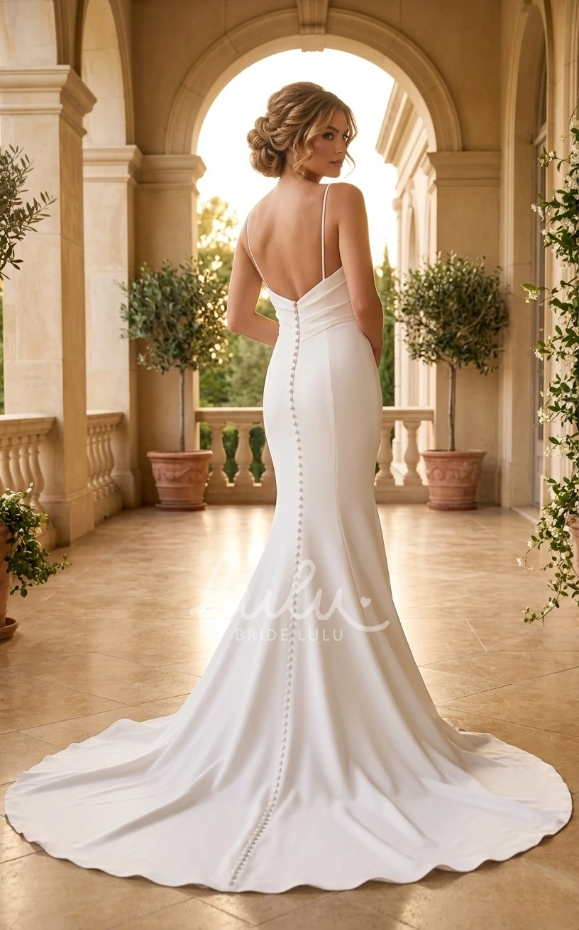 Sexy Minimalist Mermaid Spaghetti Straps Spring Wedding Dress Beach Country Cowl Neckline Bridal Gown with Train