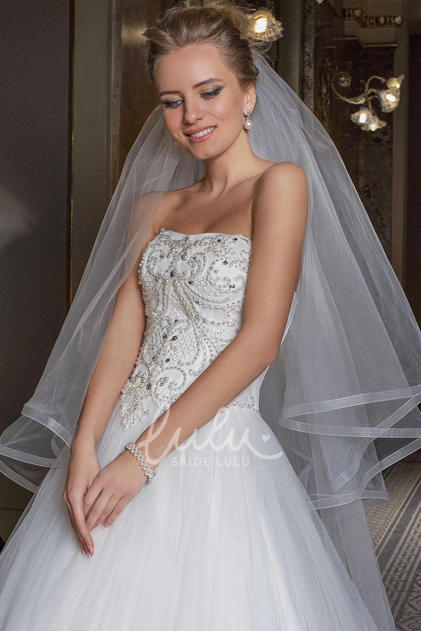 Strapless Beaded Tulle Wedding Dress with Pleats Floor-Length
