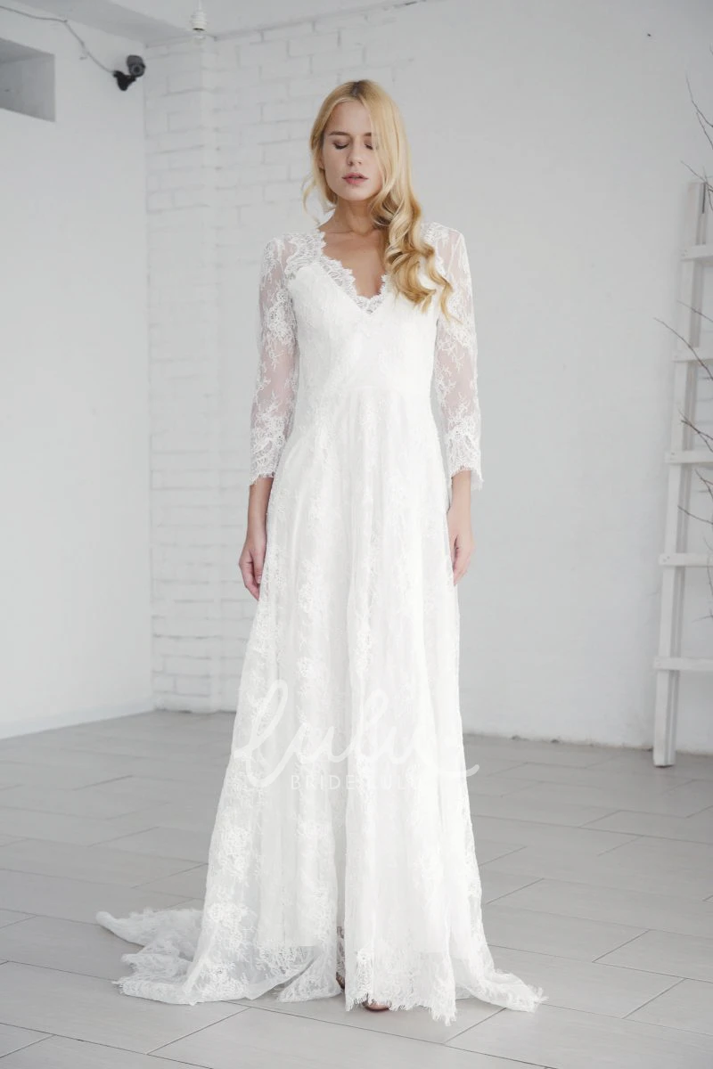 Long Sleeve Lace Wedding Dress with V-neck and Deep V-back Elegant A-line Long Sleeve Wedding Dress