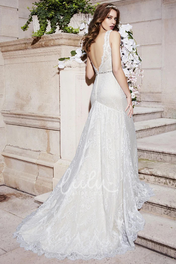 Lace Sleeveless Sheath Wedding Dress with Deep-V Back and Waist Jewelry